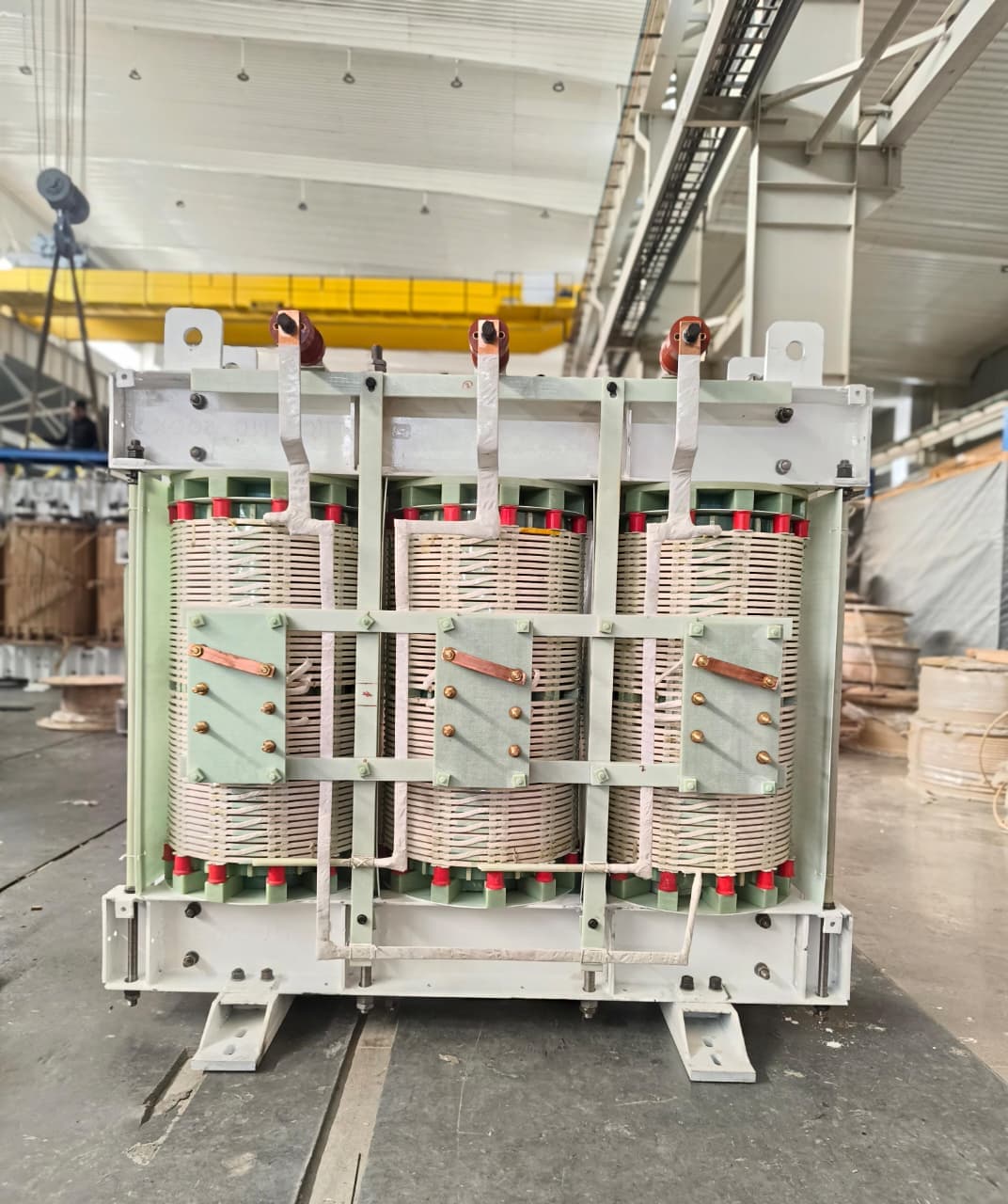 Finished three-phase dry-type cast resin transformer with HV bushings, assembled at the Tula Trans Electricals works in GIDC Sachin