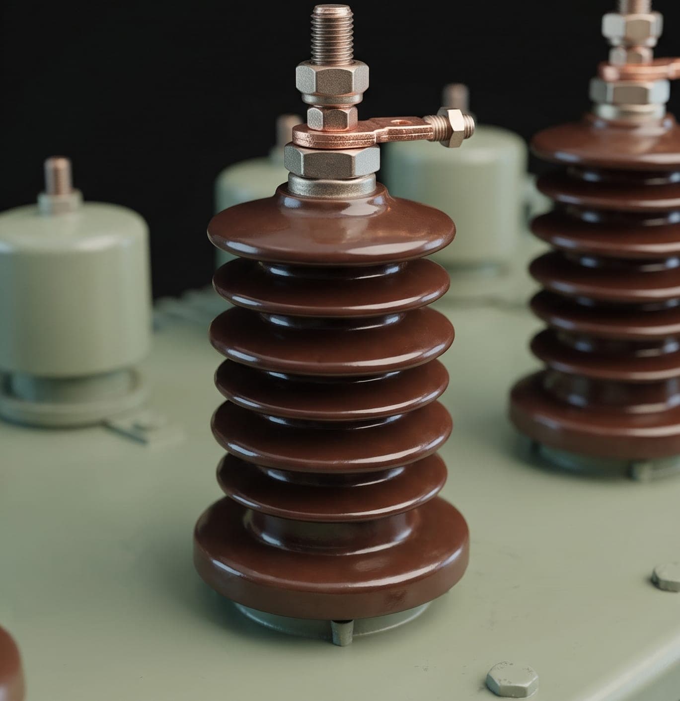 Porcelain HV bushings with copper terminal clamps on a transformer tank cover