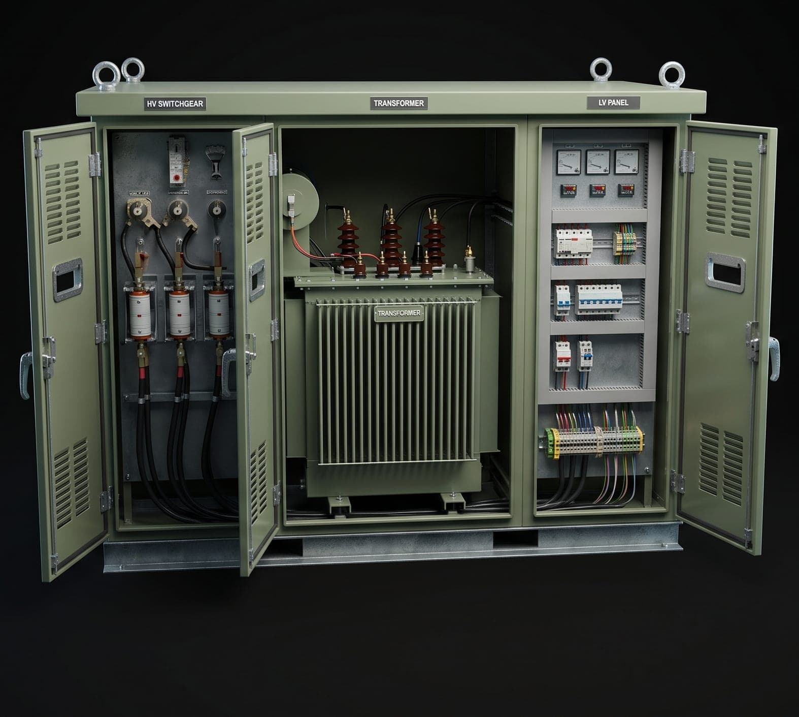 Package substation with its doors open — HV switchgear, transformer and LV panel compartments side by side
