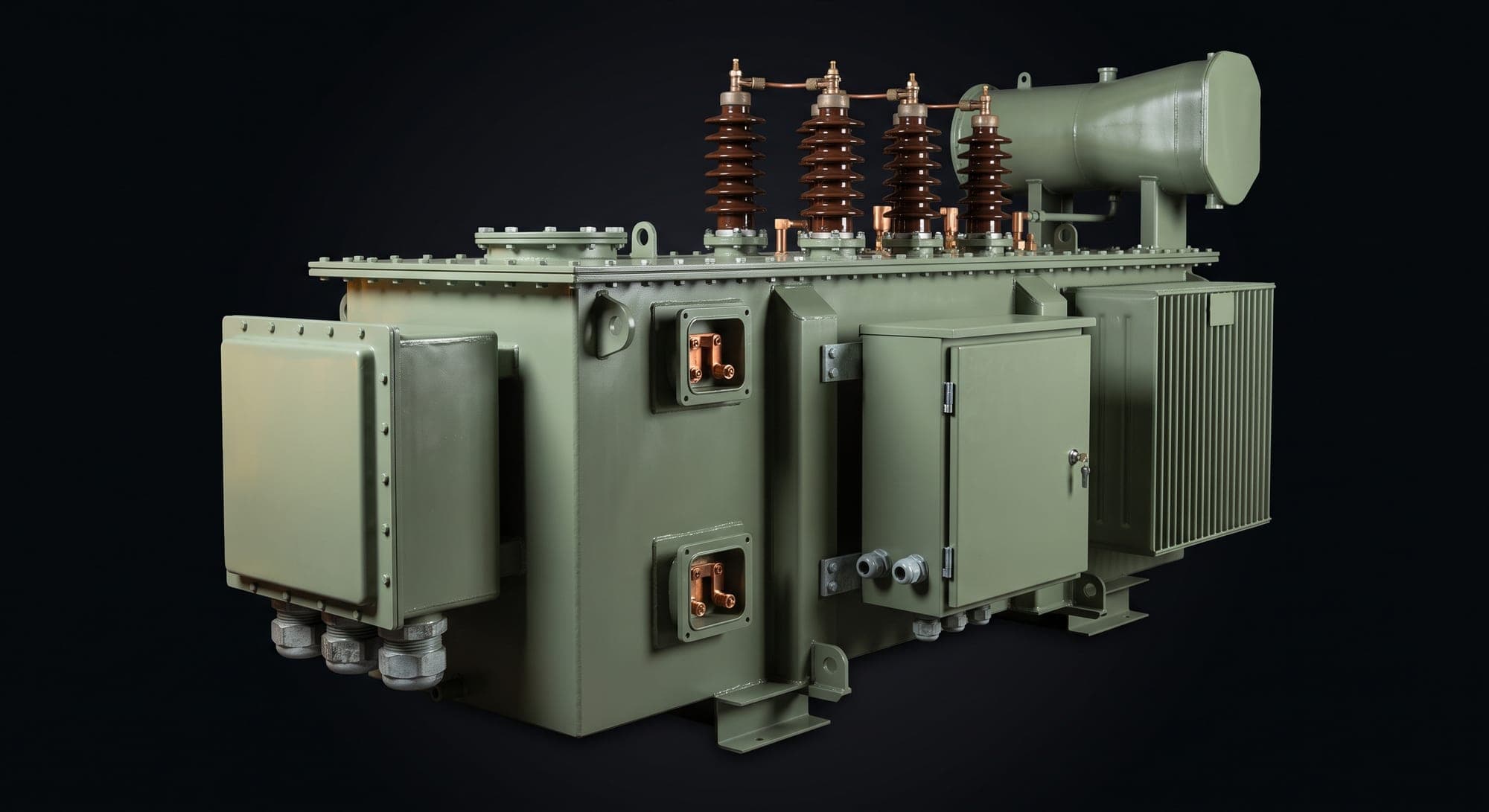 Custom-built oil-cooled transformer with HV bushings, cable boxes, marshalling box, conservator and radiator bank
