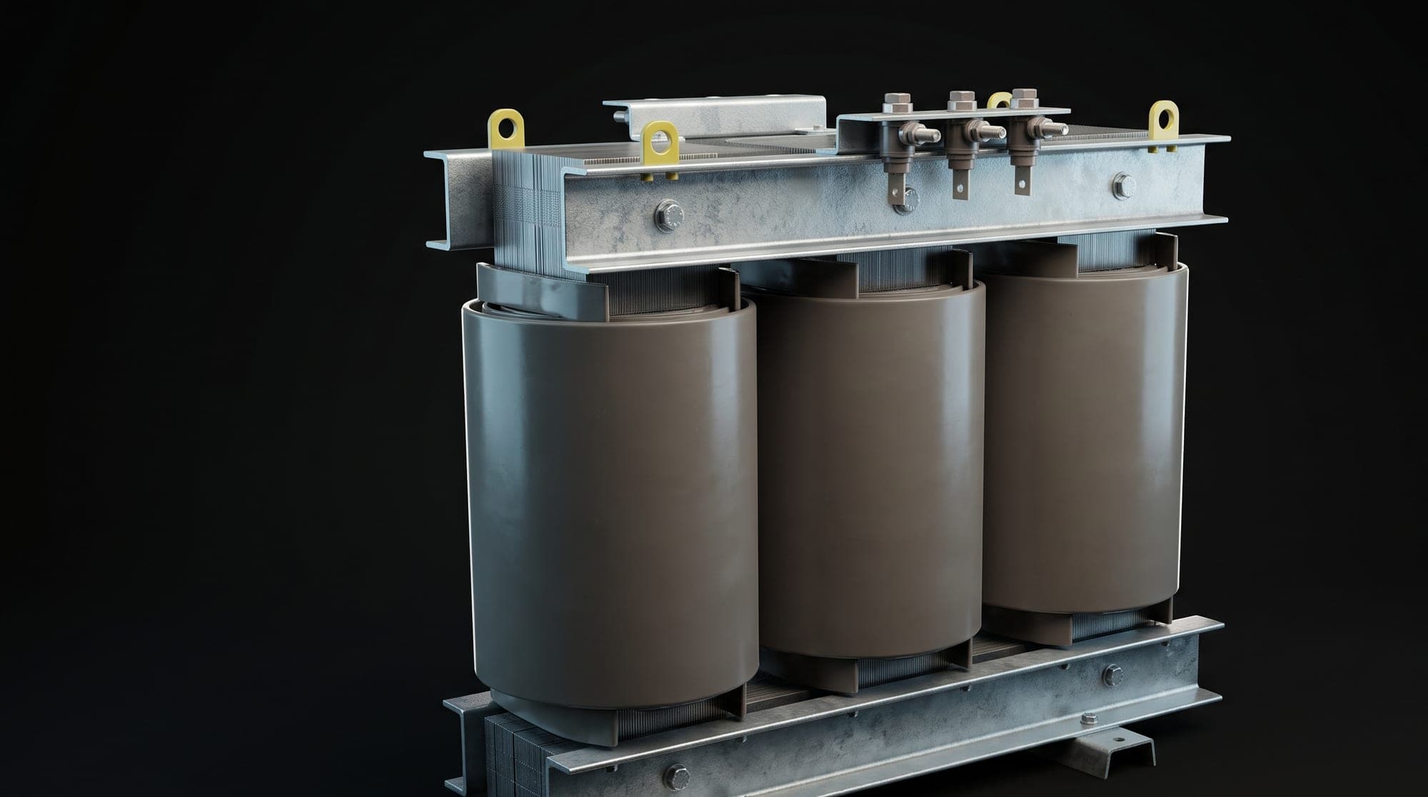Three-phase cast resin dry-type transformer with exposed core laminations on a steel frame
