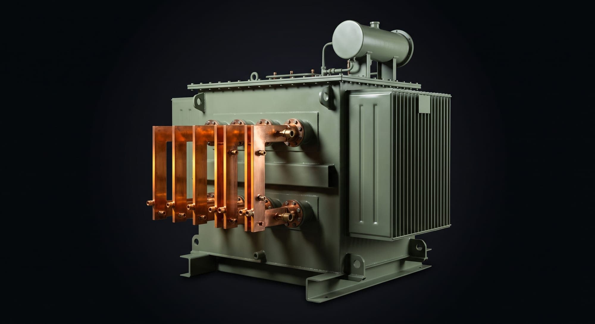 Furnace transformer with heavy copper LV busbars, radiator bank and conservator