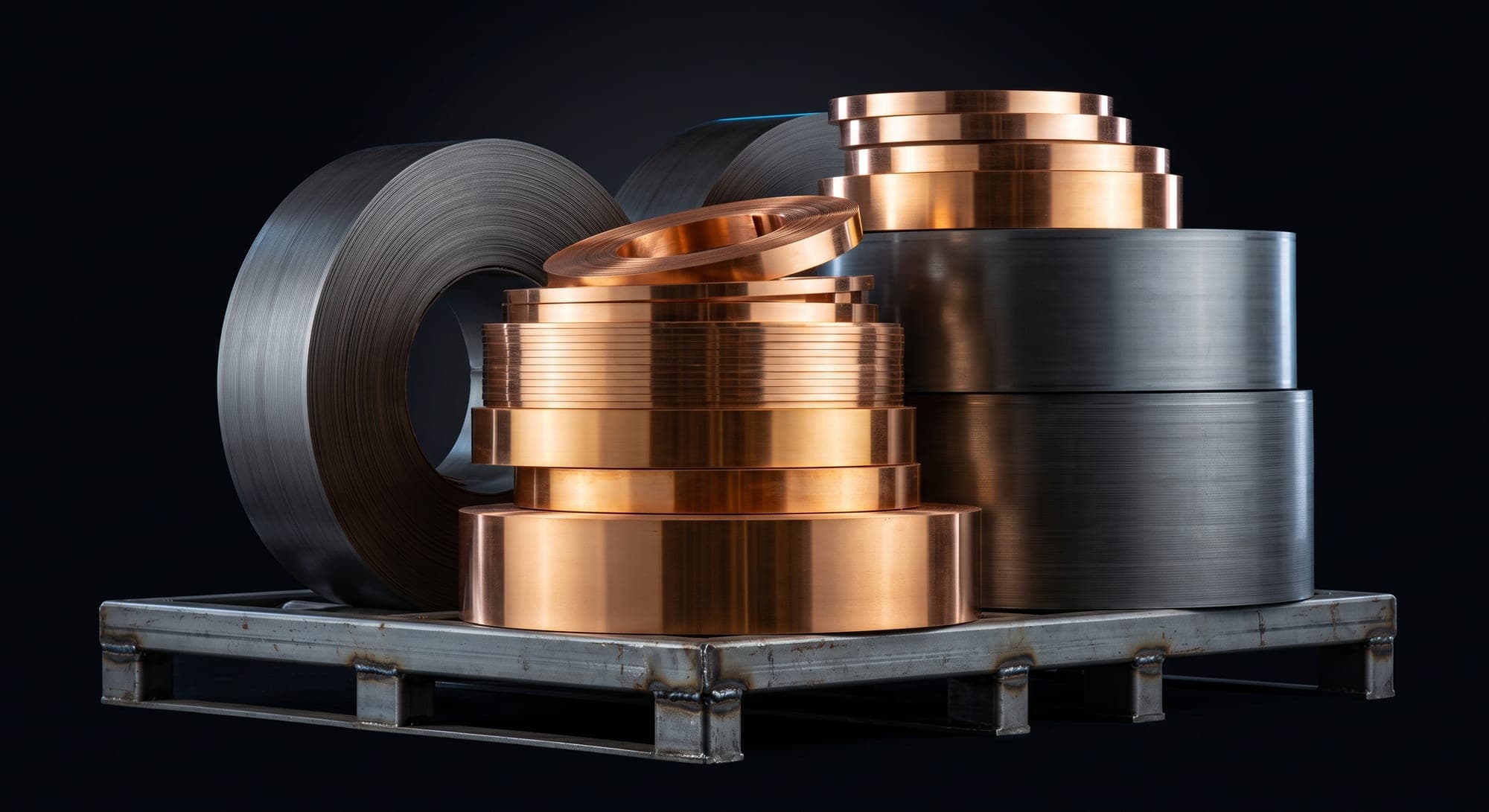 Copper strip coils and CRGO steel coils stacked on a steel pallet