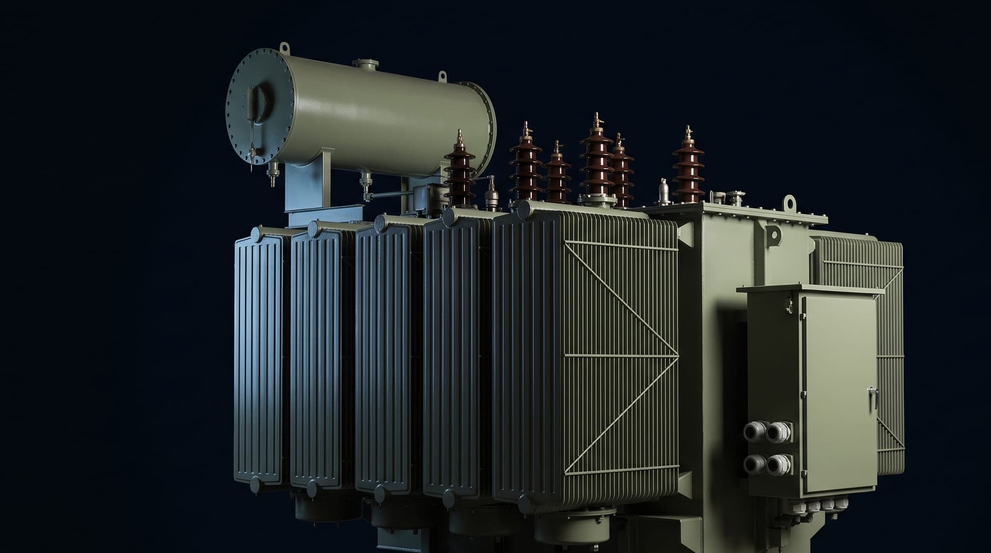 Oil-cooled power transformer with porcelain HV bushings, detachable radiator banks, conservator and marshalling box