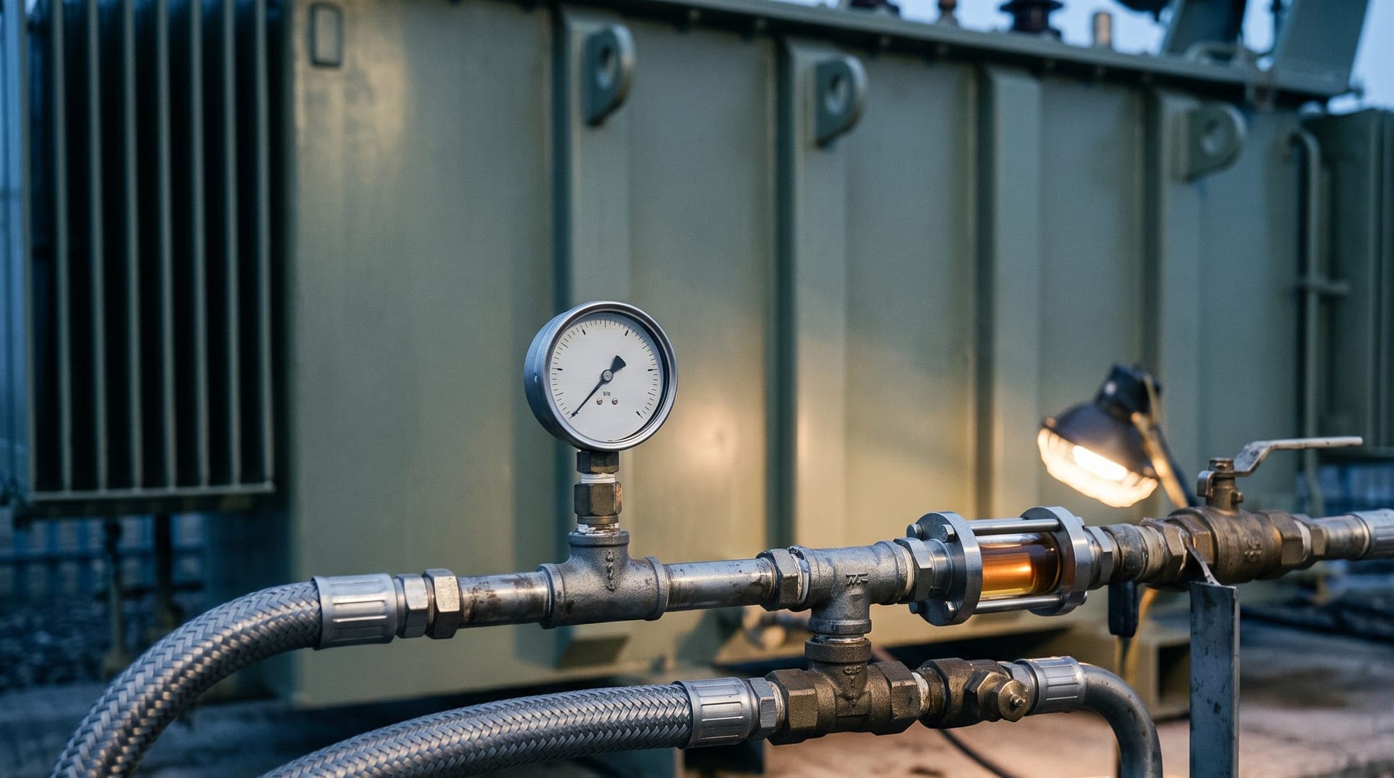 Oil filtration pipework, braided hoses, valves and a pressure gauge alongside a transformer tank