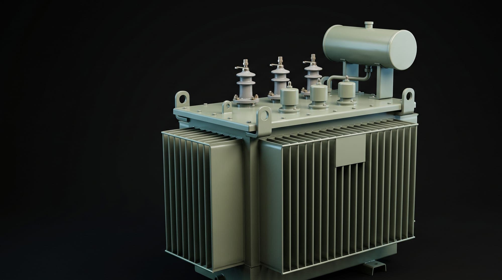Oil-cooled distribution transformer with corrugated fin tank, three HV and four LV bushings and a conservator