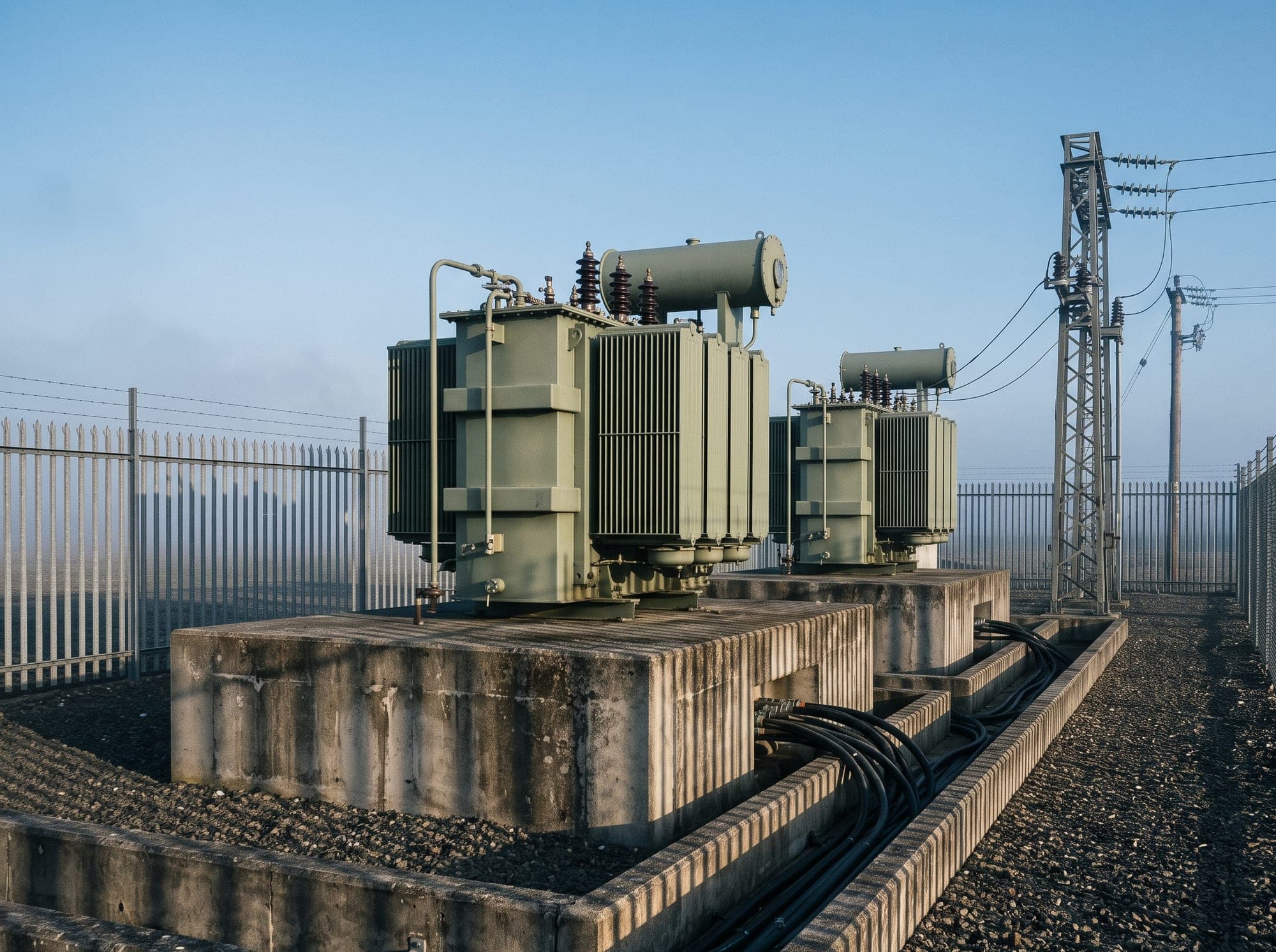 Two oil-cooled transformers on concrete plinths in a fenced substation compound at first light
