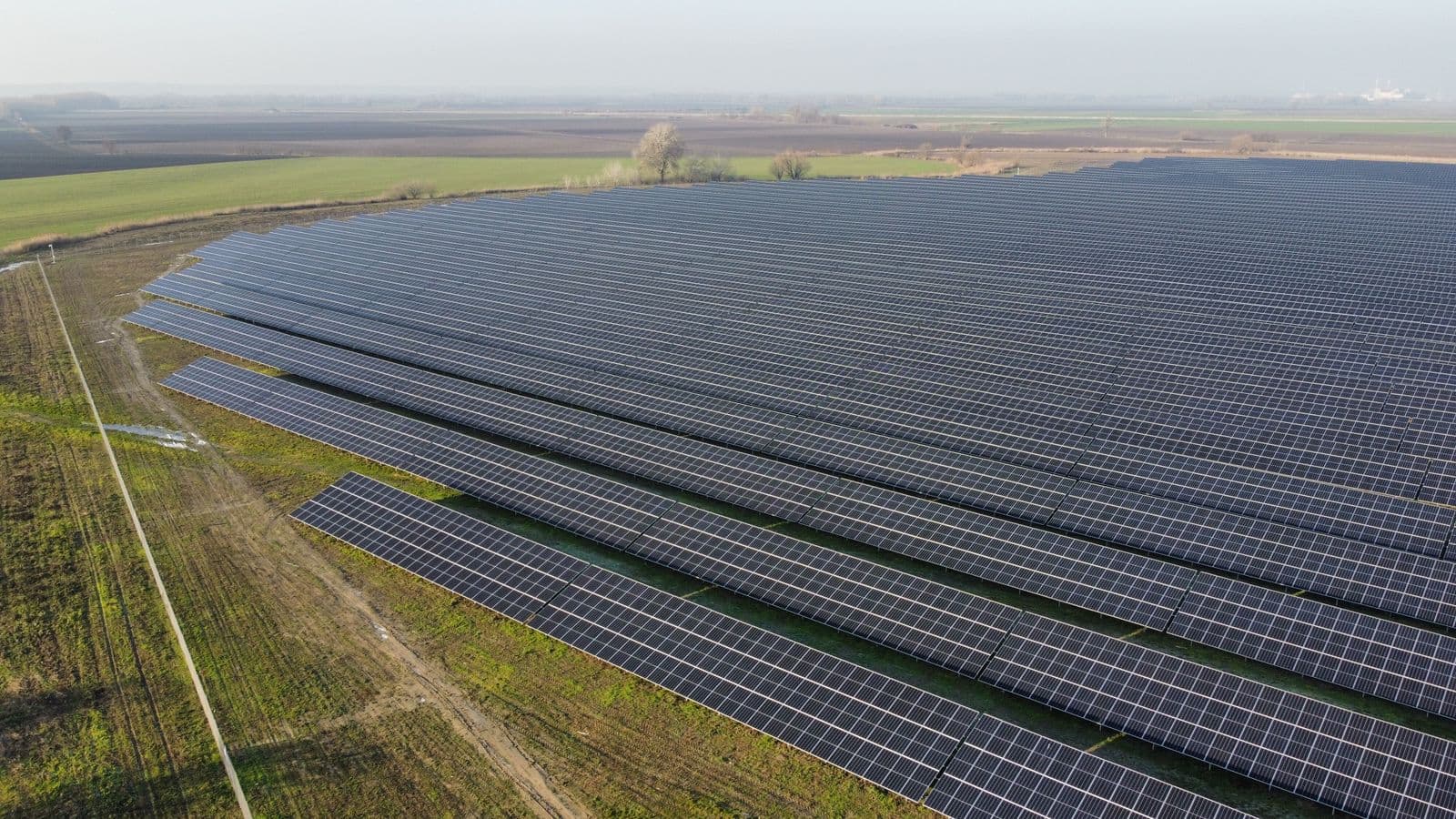 Aerial view of a utility-scale solar photovoltaic farm